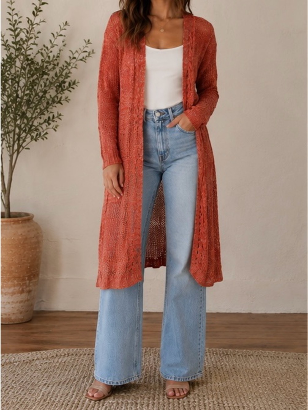 Alya Scarlett Open Knit Cardigan Duster with Braided Back Size Medium